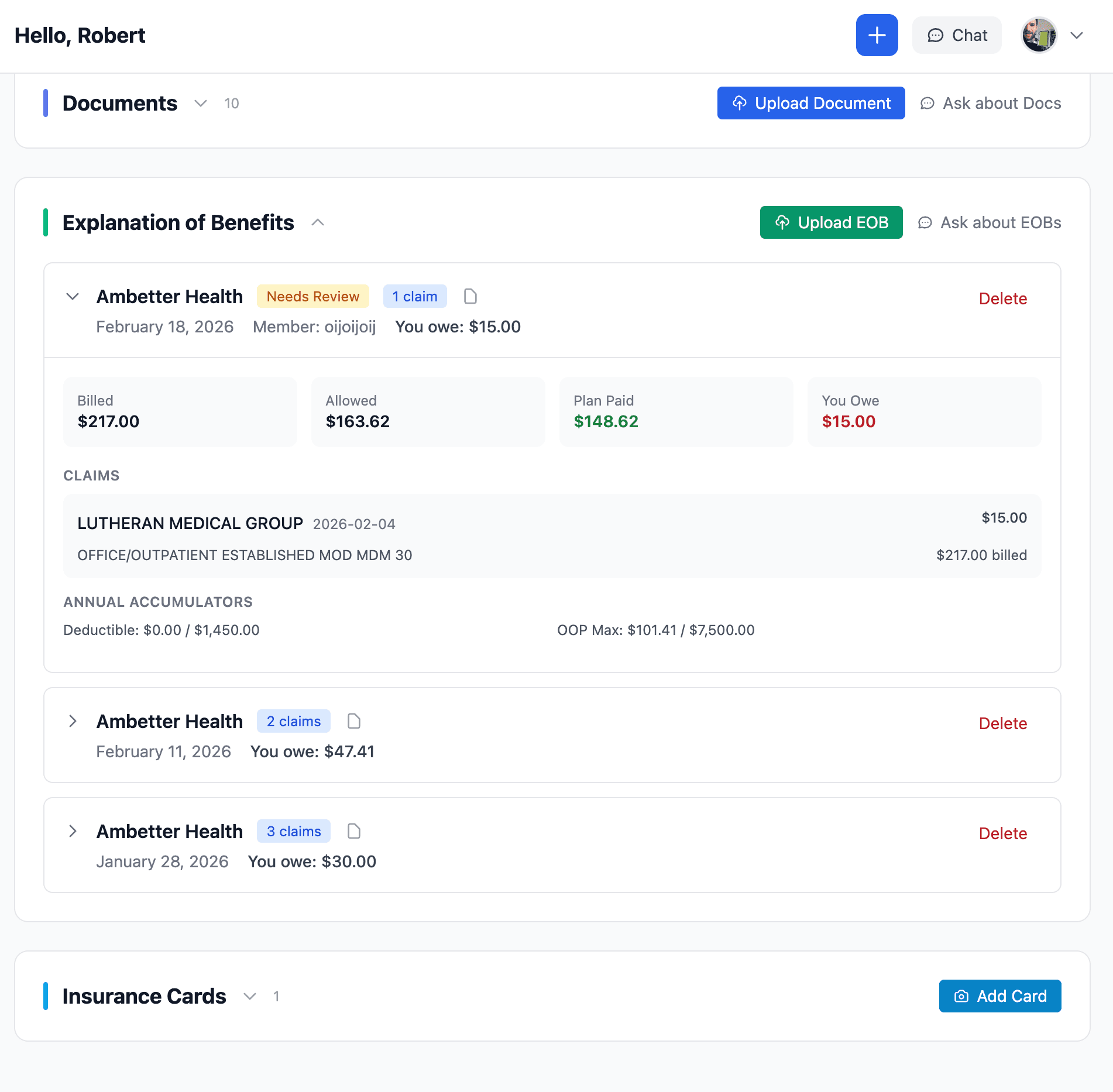 Medical billing dashboard showing insurance claims, payment tracking, and dispute management for CKD treatment costs
