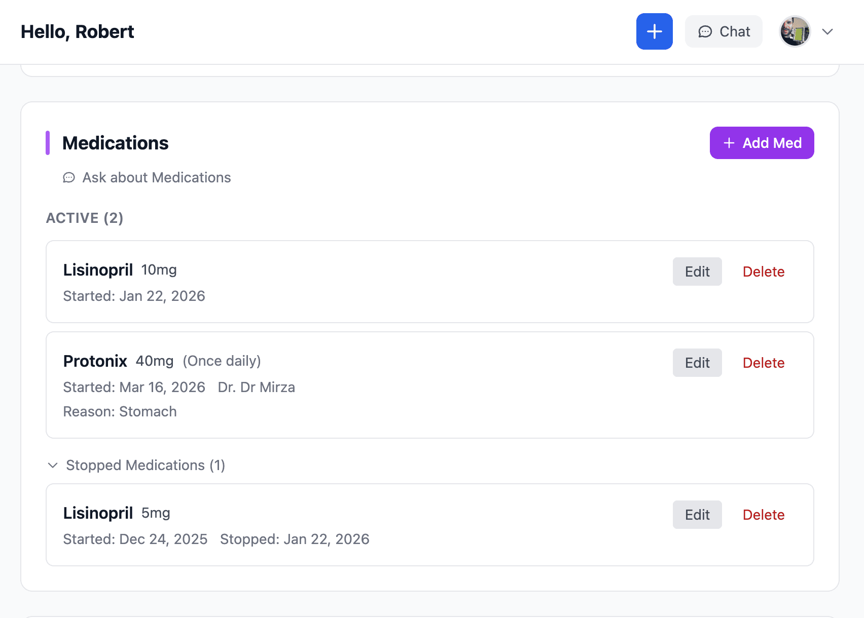 Medication tracking interface showing kidney disease medications with AI-generated insights about lab correlations